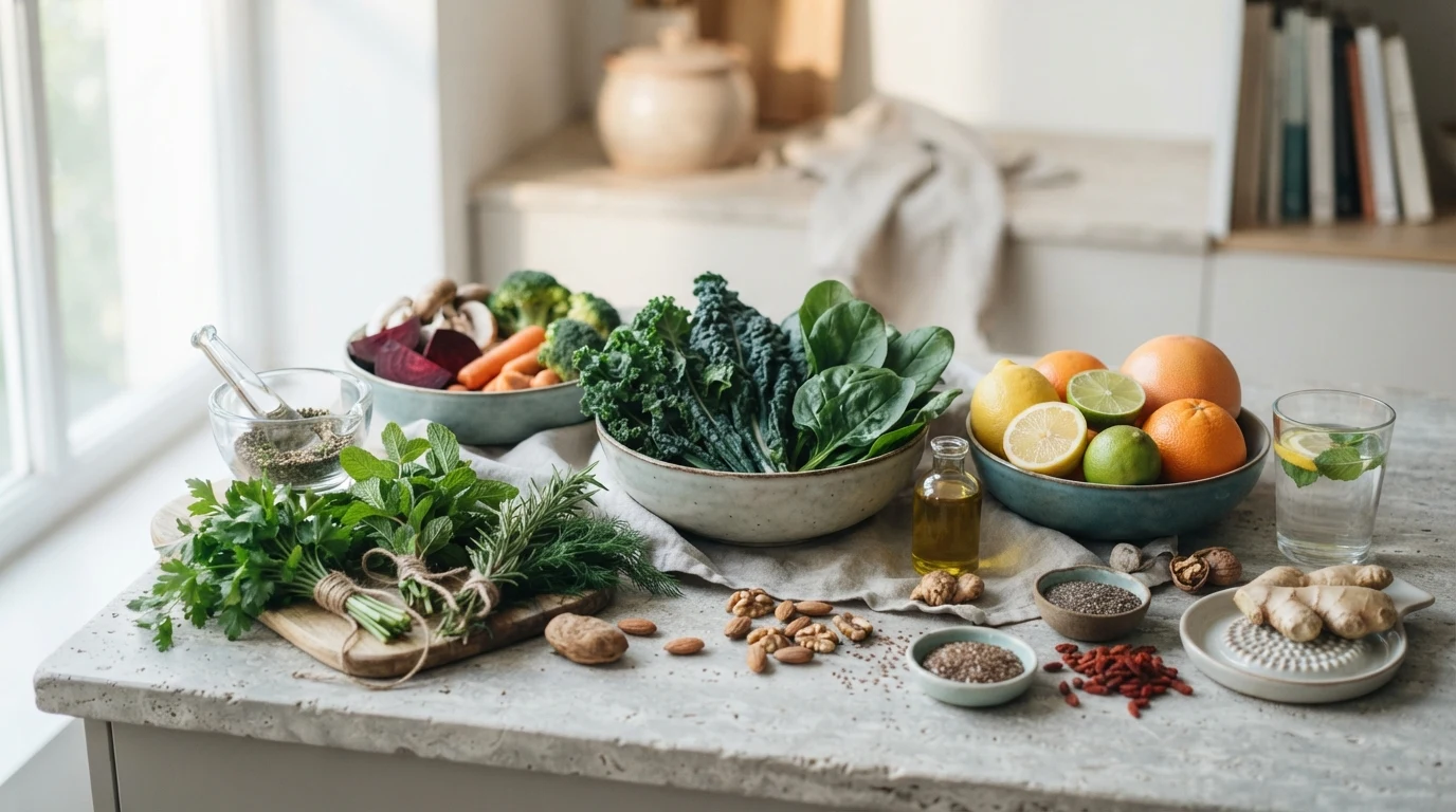 Fresh ingredients and morning routine setup